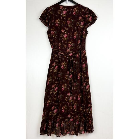 PAIGE Neroli Floral Print Silk Midi VNeck Dress Brown - S - Picture 6 of 9